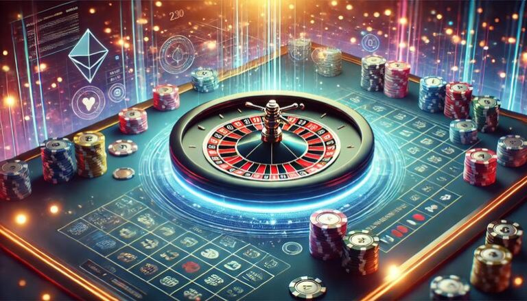 Digital roulette table with a spinning wheel and chips for enjoying games on tower bet