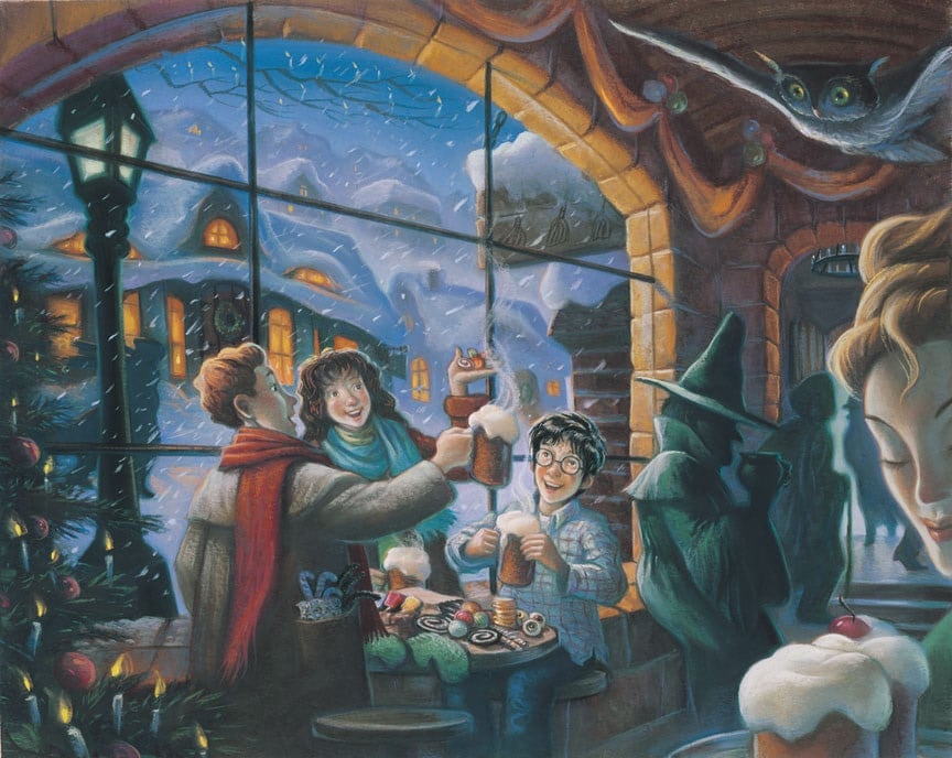 Artwork by Mary Grandpre of Harry Potter, Ron Weasley and Hermione Grange enjoying butterbeer