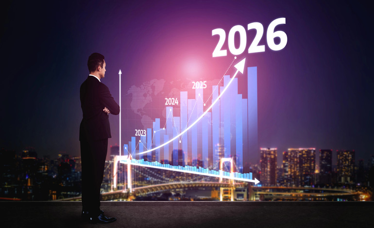 business professional viewing an upward-trending financial chart labeled 2026, symbolizing the global crypto market outlook, growth trends, and future cryptocurrency forecasts.